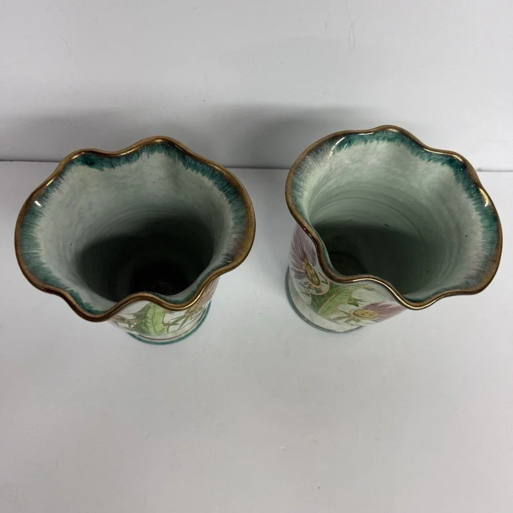 Set Of Italian Vases Hand Painted Thistle Aqua Purple Green‎ w/Gold Trim Ruffle